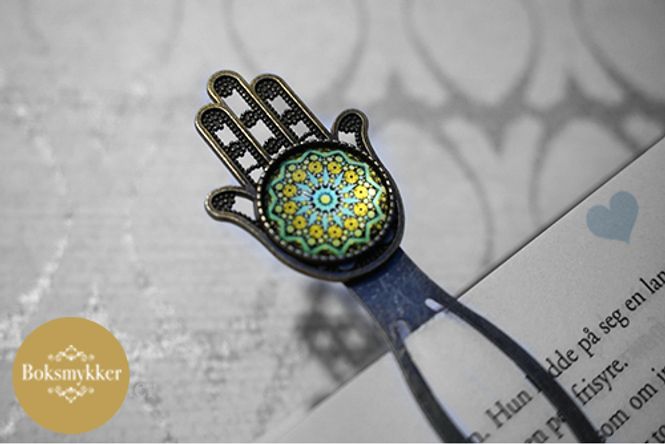Hovedbilde Bokmerke Hamsa hånd grønn og gul